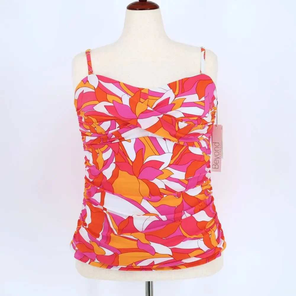 Beyond Control Women Pink Floral Convertible Twist Swim Tankini Top Size US 14